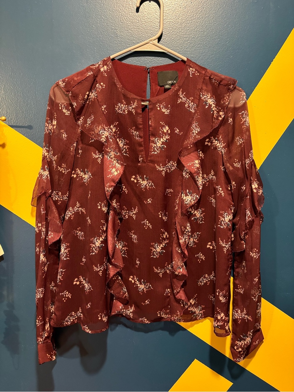 Anthropologie Greylin Burgundy Long Sleeve Floral Ruffle Blouse NWOT